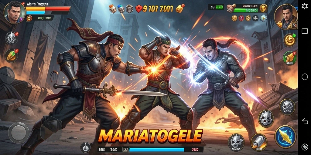 Screenshot MARIATOGEL menampilkan pertarungan intens di arena yang dramatis.